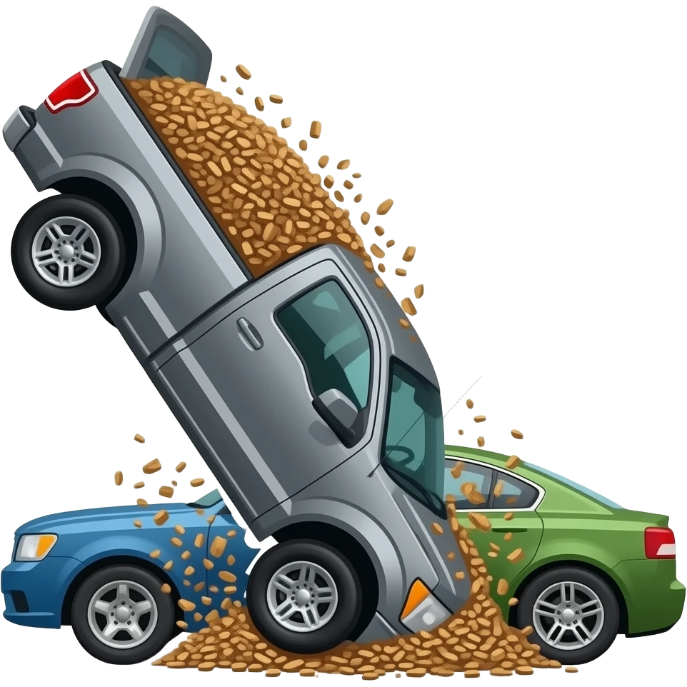 Gray F150 with full of bark chips in the back upside down in between two other cars emoji