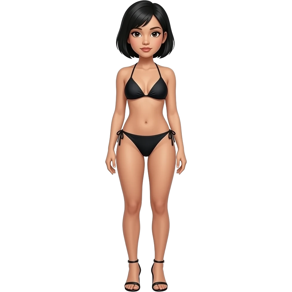 24 year old Filipino girl black Bikini with feet high heels sandals slim body stand straight short hair emoji
