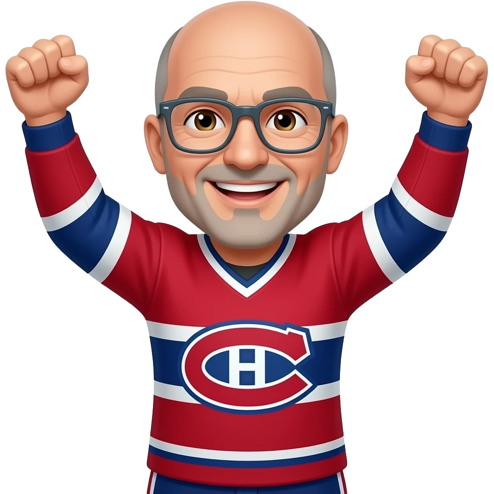 Mal, Brown eyes, bald, small blond/gray mustache, thin gray glasses, 40 years old, Montréal Canadiens, smiling, cheering arms up emoji