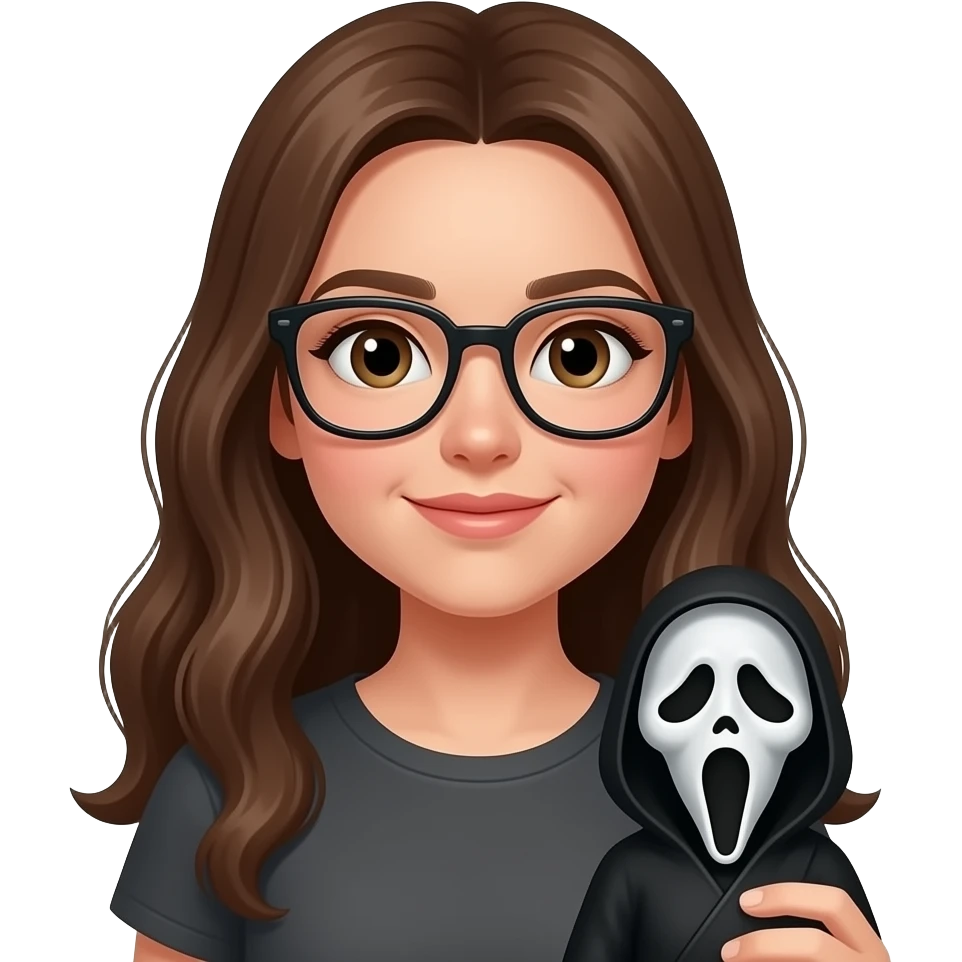 Girl with brown hair and glasses with Ghostface doll emoji