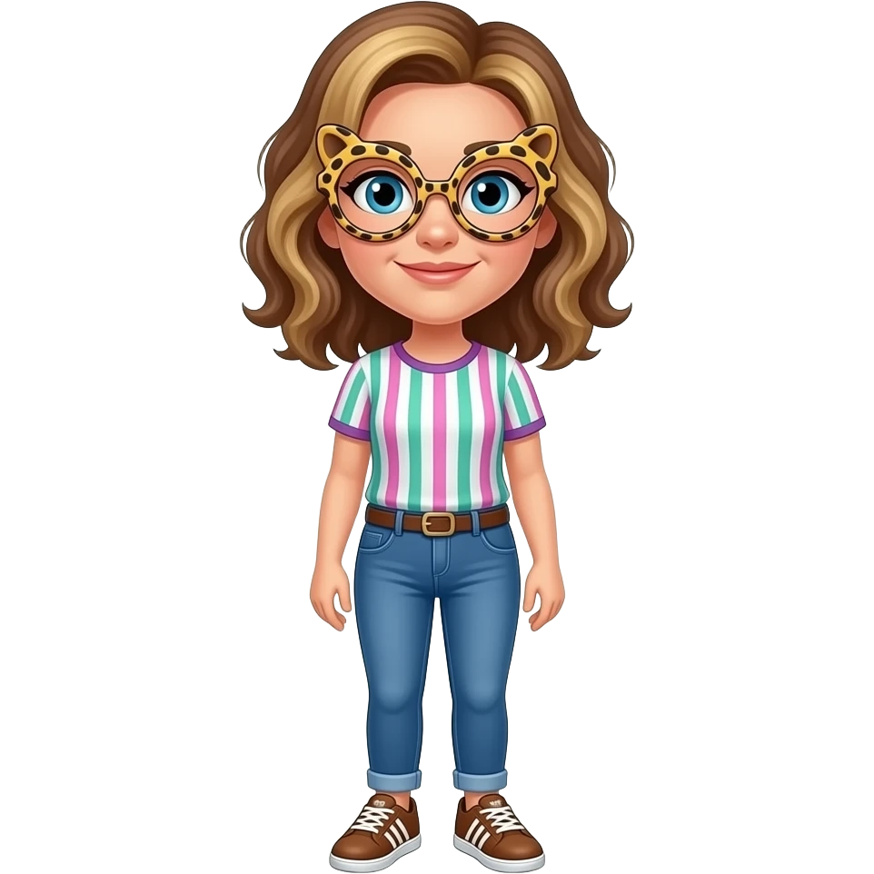 Make an emoji a women teacher dutch with panter witch 6 corner glasses and between brown and blonde curly mi long hear with an t-shirt with small green pink and withe purple vertical stripes and a blue jeans witch addidas shoes brown and yellow emoji