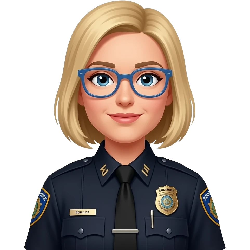police woman, blonde medium hair length, Clear colored glasses, badge says (Community Service Officer) black uniform emoji