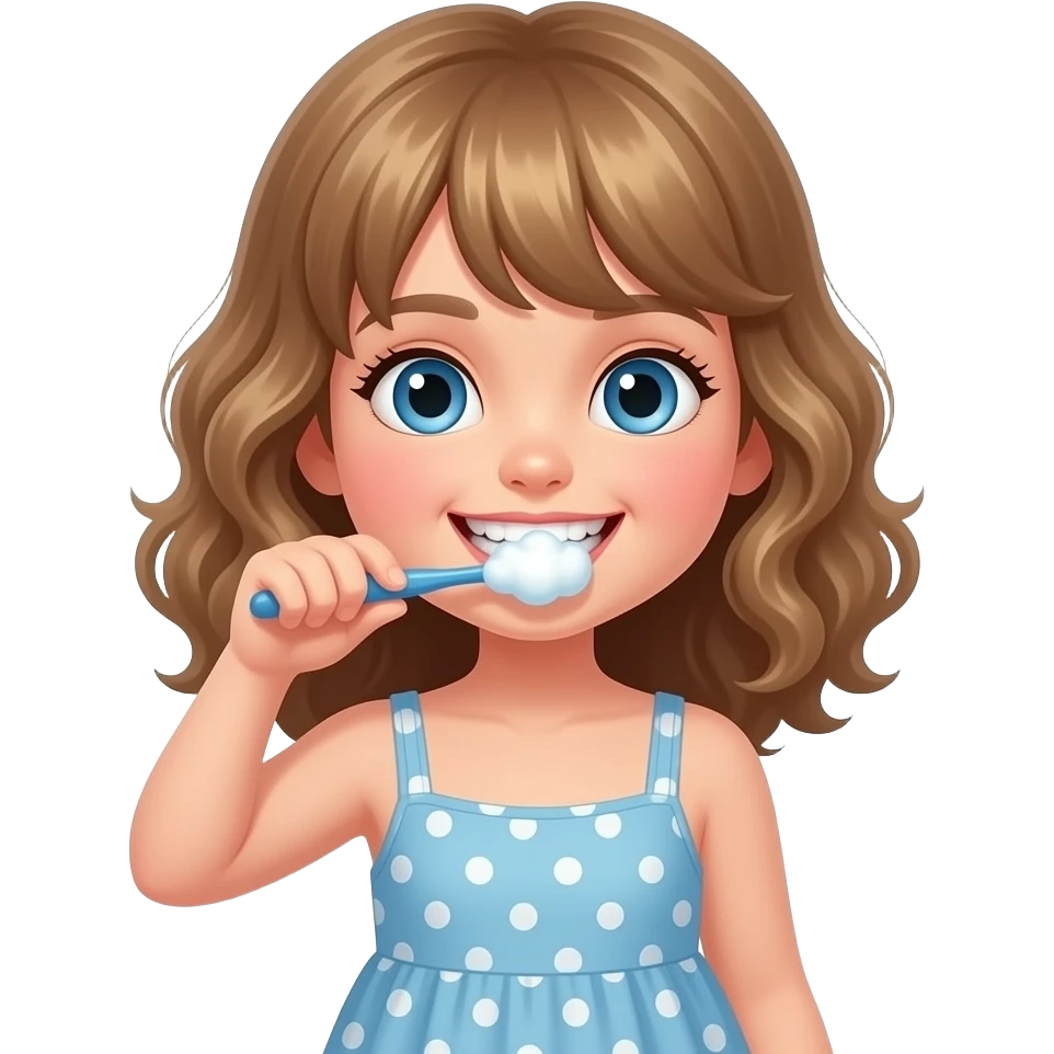 white kid blue eyes mid length with bangs soft curly hair to shoulders in color: middle to little darker blonde, in a dress, brushing her teeth with foam emoji