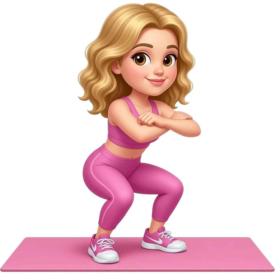 Menina de cabelo loiro e ondulado e olhos castanhos de roupa de academia rosa fazendo agachamento virada de lado com os braços juntos dobrados e em cima de uma tapetinho rosa de academia emoji