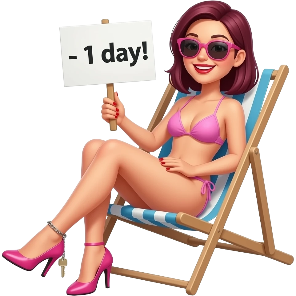 Woman. Burgundy, straight, mid-back length hair. sitting on chair cross-legged, sunbathing. baby pink bikini. very high pink stiletto heels. red lipstick. red nail polish. smiling. ankle chain with small key dangling off. holding sign that says "- 1 day!". large sunglasses. emoji