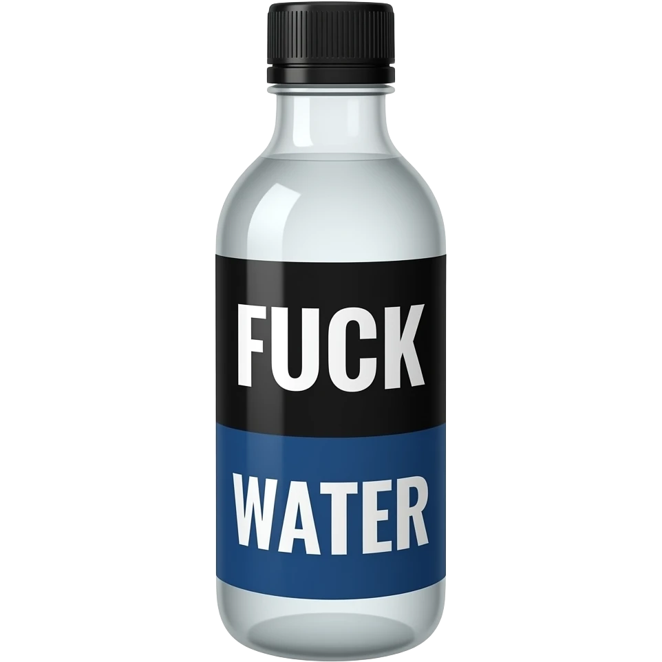 big long skinny bottle with a black cap with white liquid in it with a white and dark blue vertical label that says FUCK WATER but the fuck is white text with a black background and water is white text with a navy blue background so it’s split in half emoji