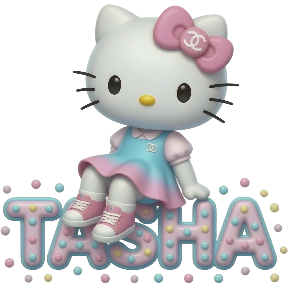 4D Velvety fur hello kitty wearing ombre white and blue and pink ombre pastel colored dress and sneakers, and with the Chanel symbol on her ombre pastel bow sitting sideways leaning back on top of the velvety 3D outlined letters TASHA surrounded with tiny ombre pastel dots made of candy emoji