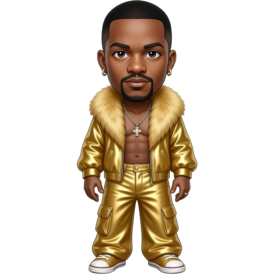MC Hammer with brown eyes, black short fade top hair, gold fur shawl, gold metallic baggy pants, shirtless with necklace and earrings emoji