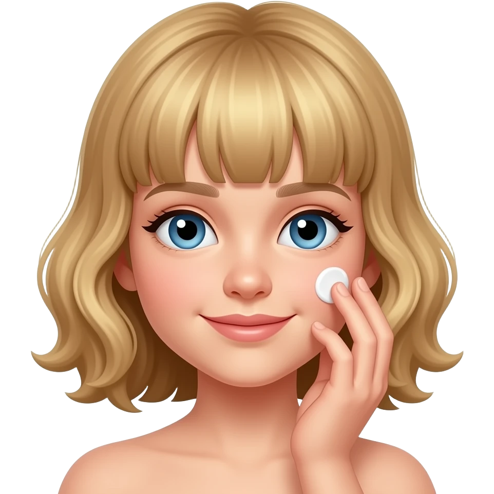 white kid blue eyes mid length with bangs soft curly hair to shoulders in color: middle to little darker blond, puts on lotion in her face emoji