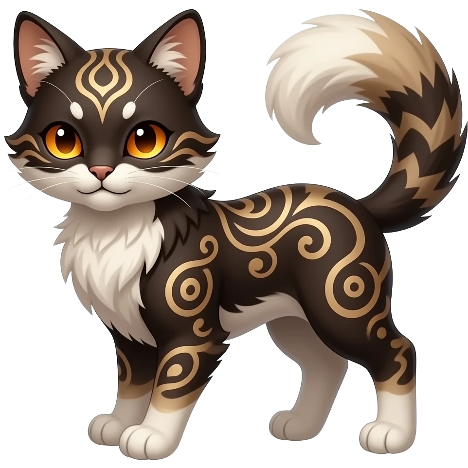 Kawaii dark edgy brown beige white fantasy ethereal feline-vernid-sergal-fursona animal creature with a tufted tail full body with intricate markings emoji