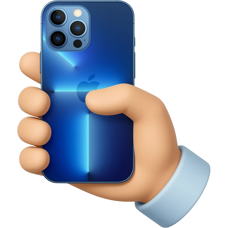 Una mano agarrando un iPhone 17 azuli emoji