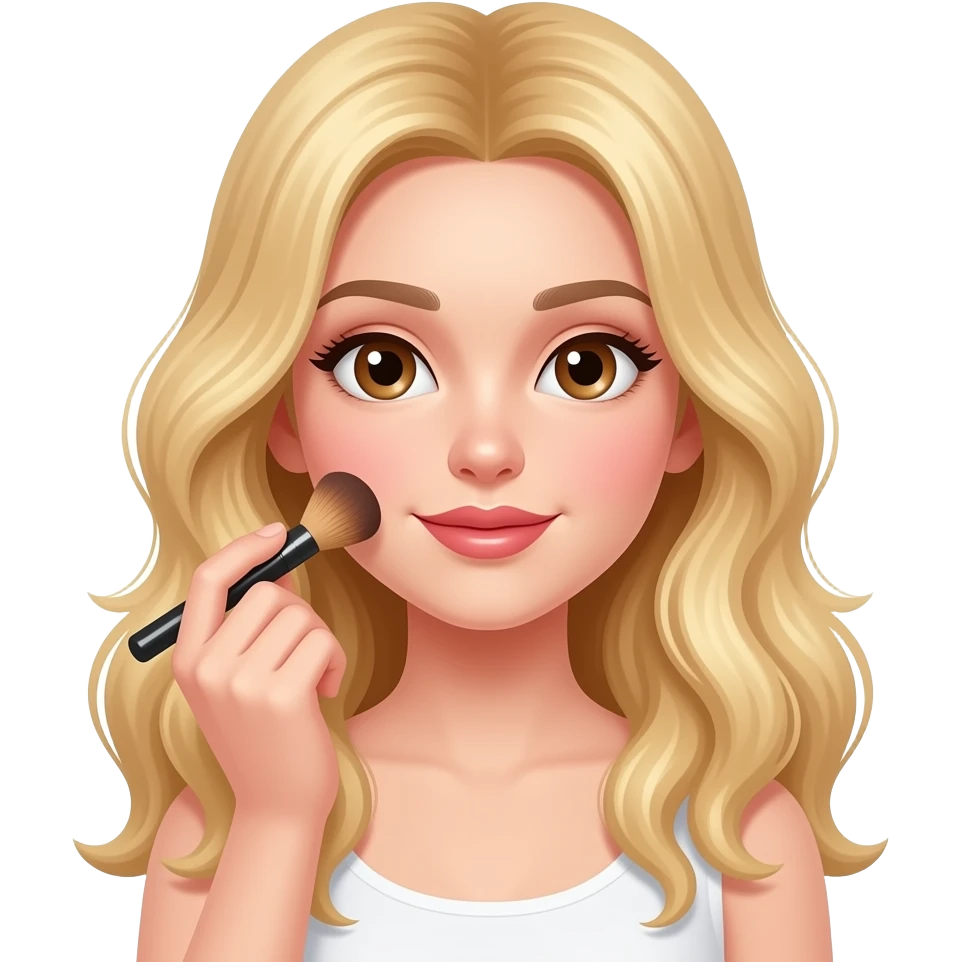 Menina loira de cabelo longo loiro ondulado e olhos castanhos se maquiando emoji