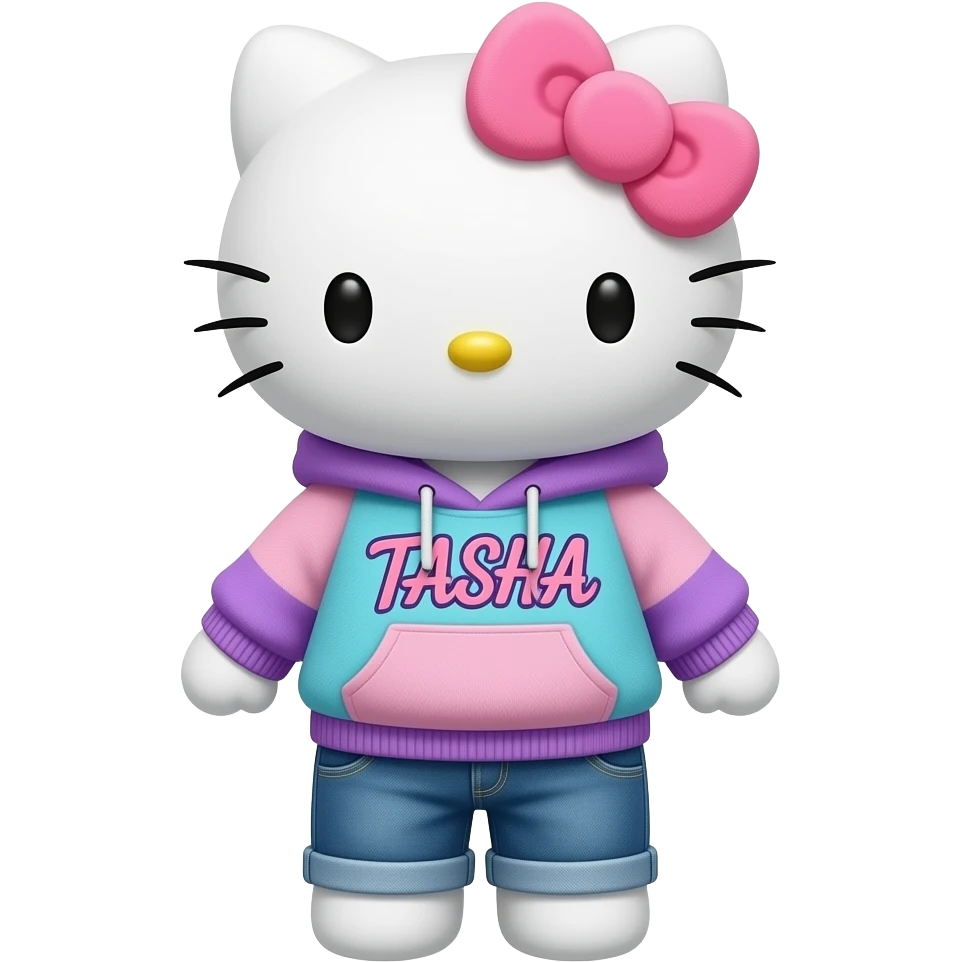 Velvet Hello Kitty wearing a velvet pastel pink and blue and purple hoodie and jeans with the large bold cursive letters TASHA on the hoodie emoji