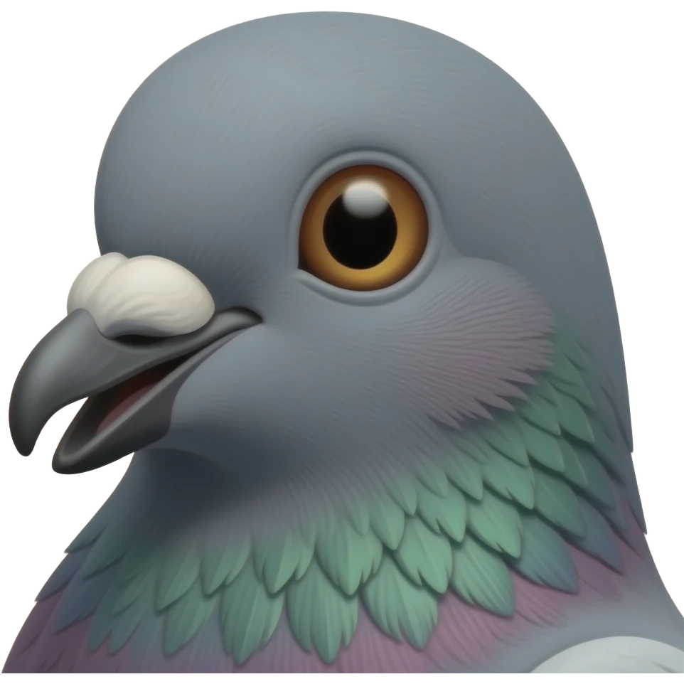 Pigeon face head-on, filling the frame — two huge deadpan eyes, beak, that faintly unwell stare. No body. Just the eyes — extreme crop, two pigeon eyes and a sliver. Pigeon in profile mid-honk, beak open, one feather sticking up. emoji