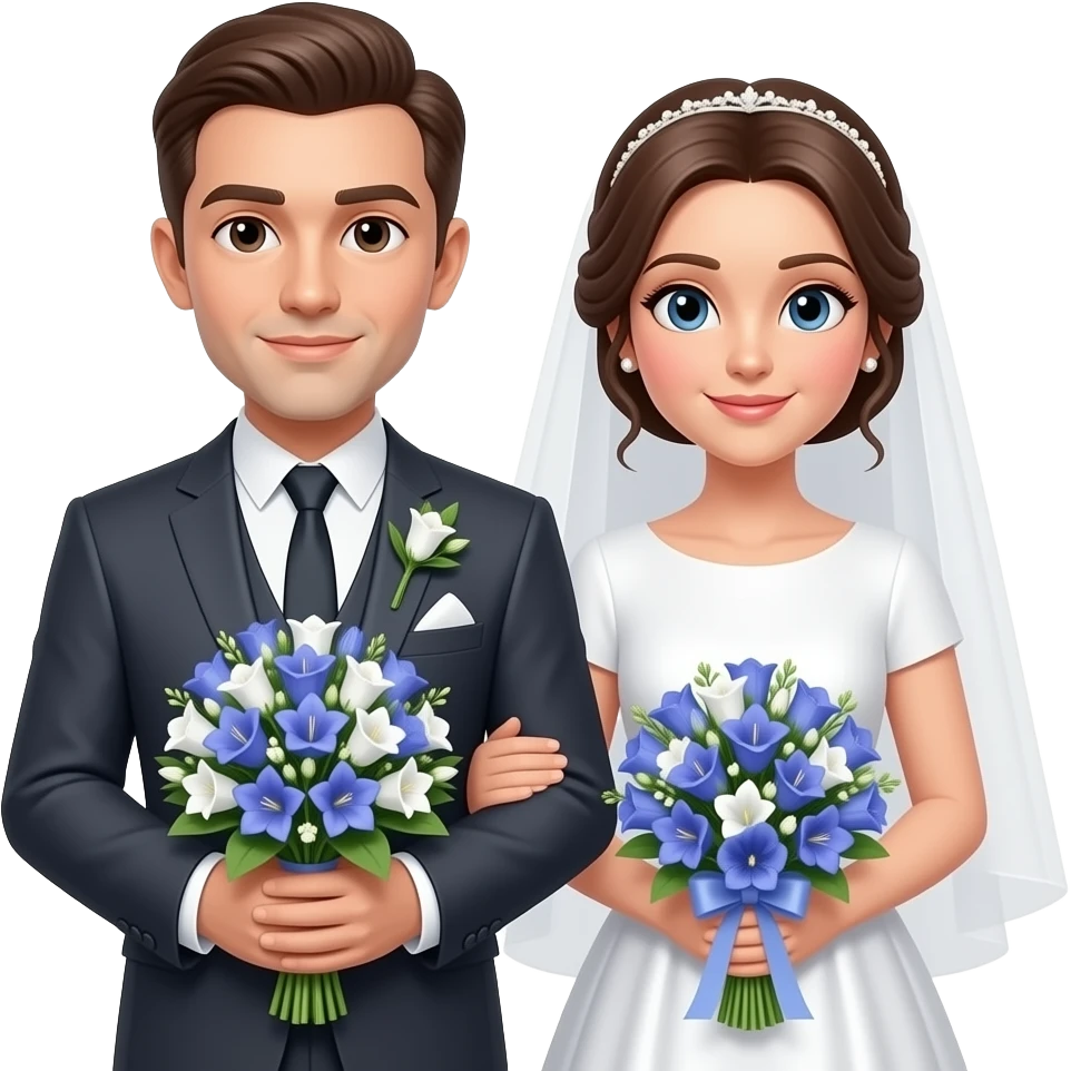 은방울꽃 부케를 든 신랑 신부. 화이트 탑 드레스와 다크 차콜 수트 emoji