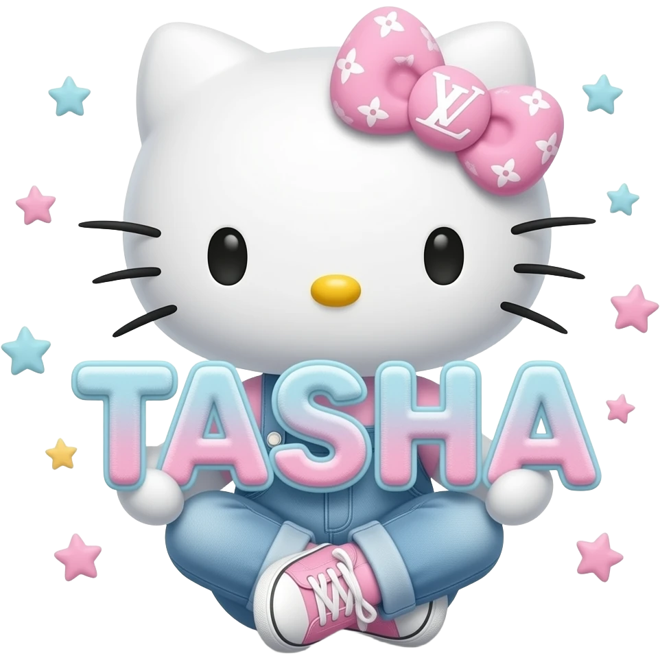 4D Velvety fur texture hello kitty wearing ombre white and blue and pink ombre pastel colored skinny jeans and sneakers, and with the Louis Vuitton symbol on her ombre pastel bow sitting down holding the velvety 3D outlined letters TASHA and surrounded with tiny ombre pastel stars made of candy emoji