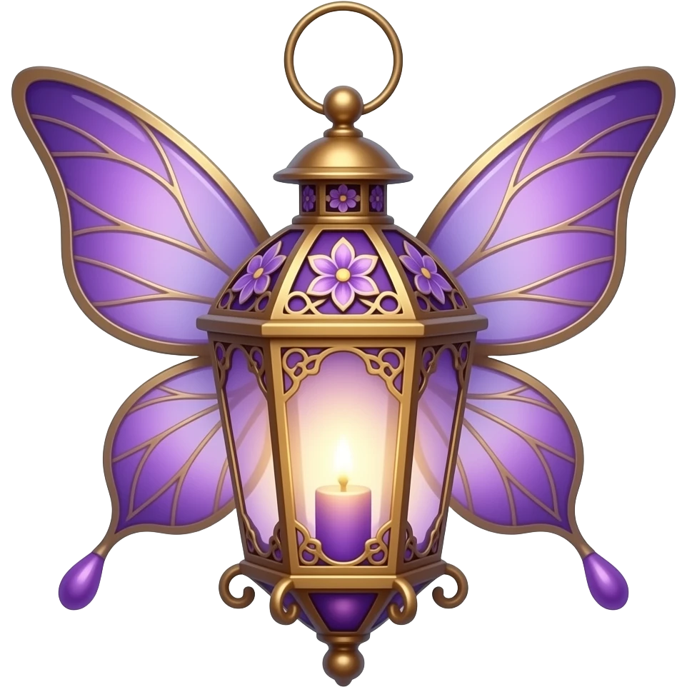 An ornate fairy lantern in purple and antique gold, with floral metalwork, warm glowing light, delicate curved detailing, and subtle violet accents, with a violet glow emoji