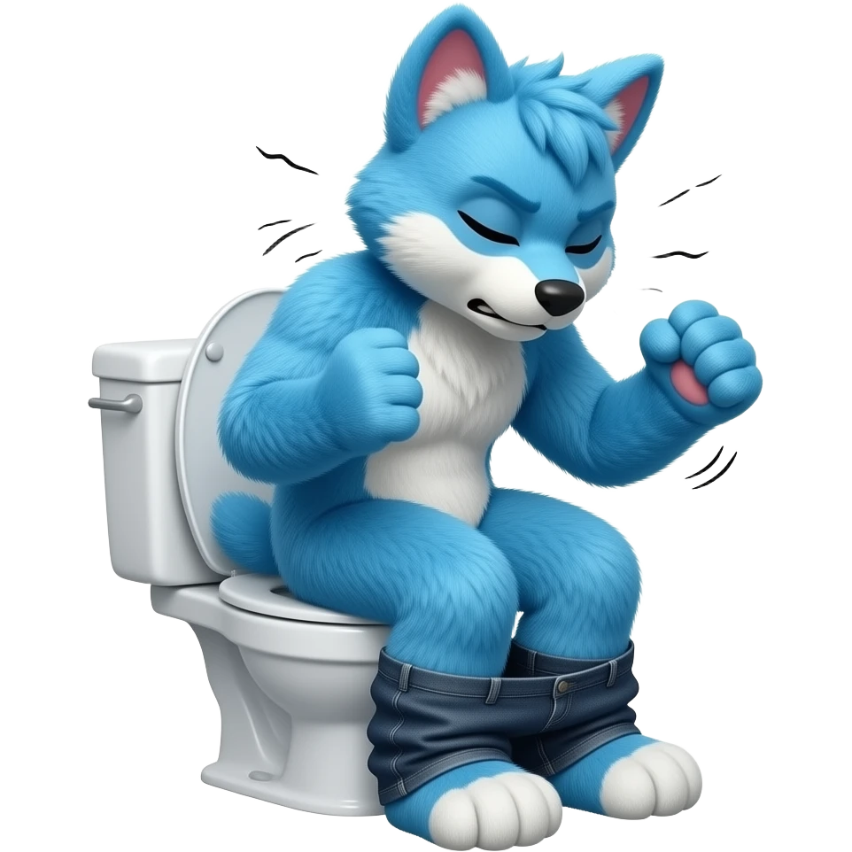blue furry fursuit sitting on toilet, side view, pants down, straining face, eyes closed, pushing, squeezing, both fists emoji