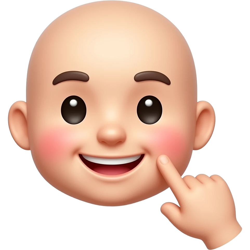 Cute 3D emoji face, smiling, blushing cheeks, one index finger touching the cheek, hand beside the face, glossy rounded style, white background, centered. emoji