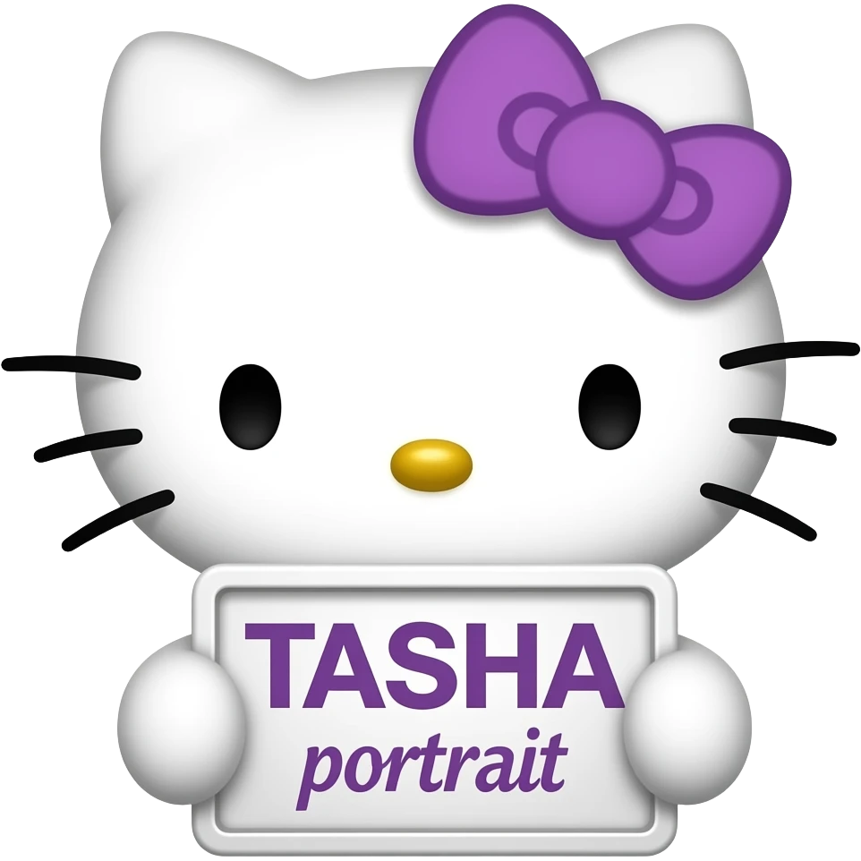 hello Kitty head with purple bow with with front paws holding a sign with the name TASHA emoji