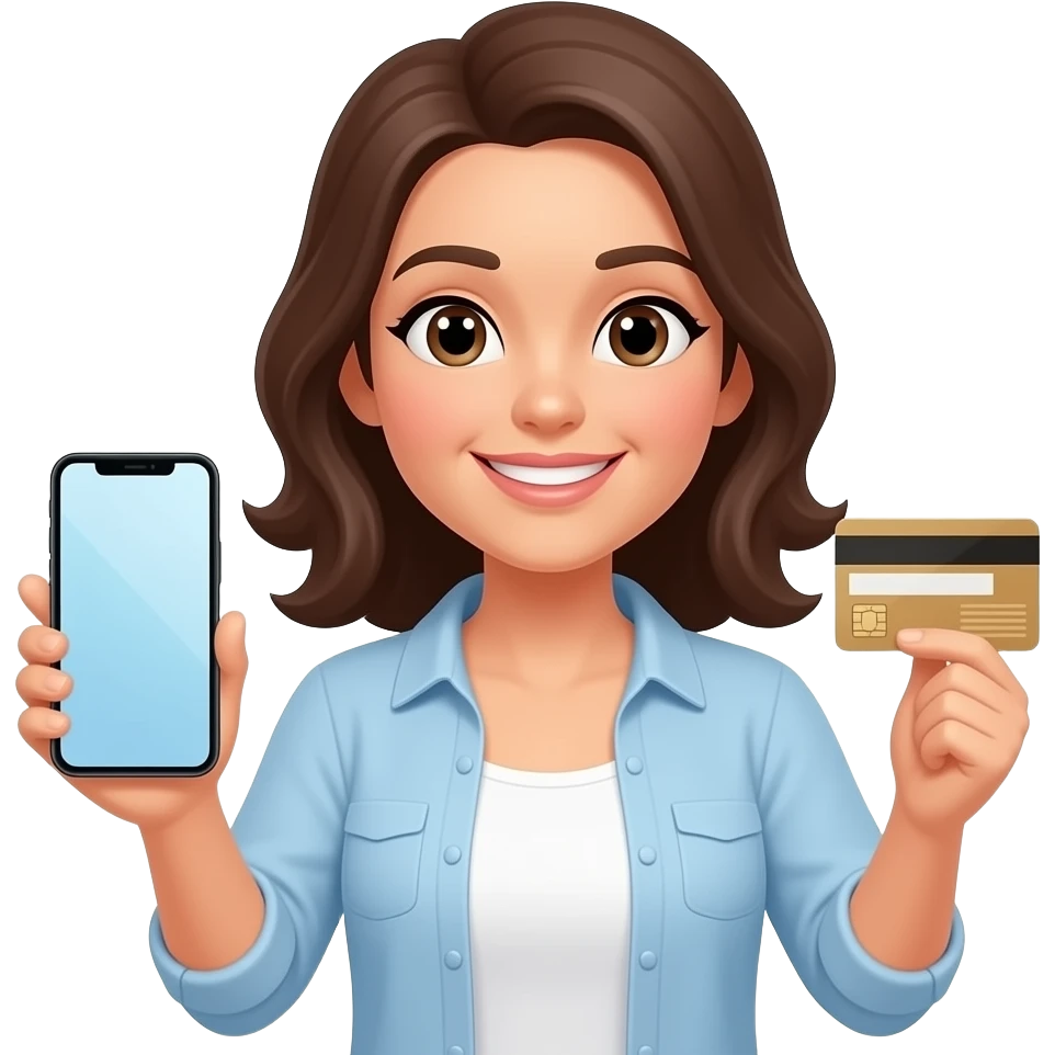 una mujer con celular y en la otra mno una trjeta de credito  y que este realizando una compra en linea emoji