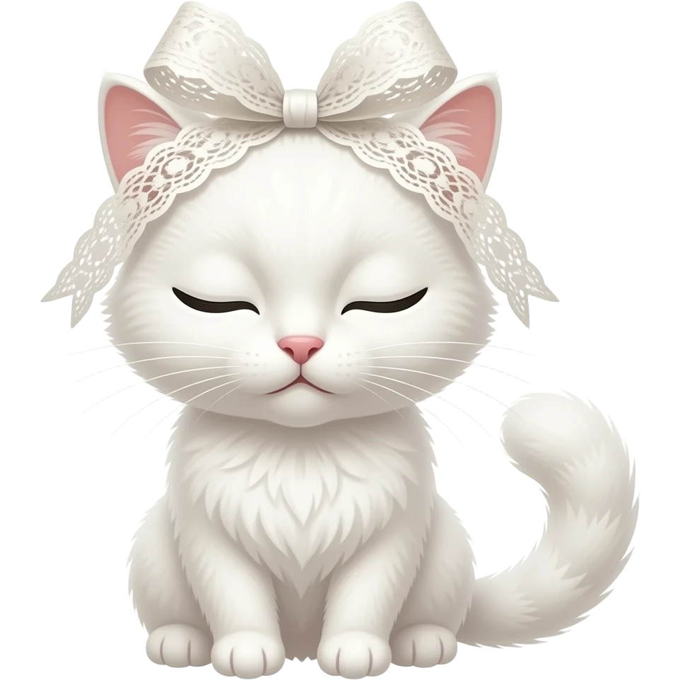 자고있는 흰색 고양이. 머리 위에 레이스 달린 리본. emoji
