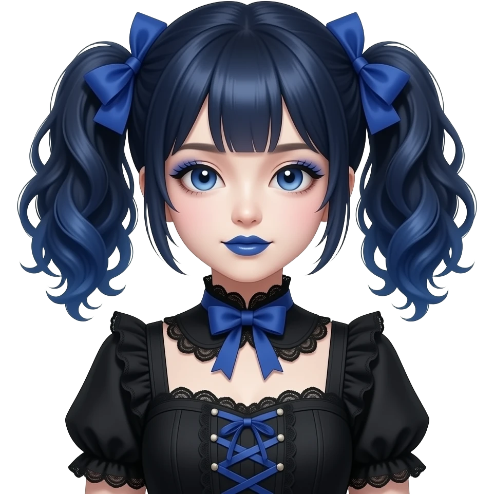 Japanese pale woman with dark blue curly pigtails and bangs, royal blue lips and eyeshadow, long eyelashes, blue eyes, black Lolita dress with laces and ribbons, gothic Lolita doll look emoji