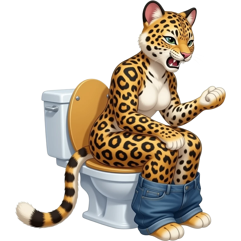 Female leopard furry person woman,sit on toilet,grunt,fursona,pants down,side view emoji