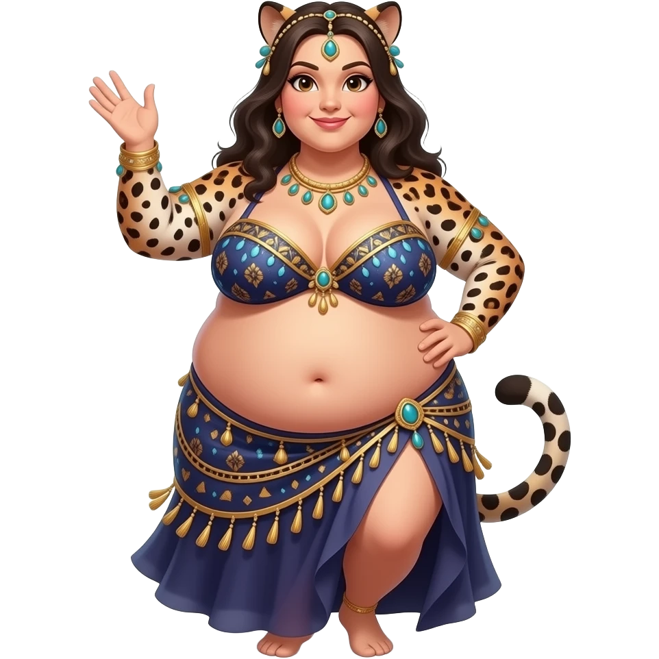 A female leopard belly dancer,with an morbid obese love handles & muffin top midriff,her bellybutton bulging from being stuffed to the max after a luncheon buffet,She dances then her bouncy belly wobbles a lot. emoji