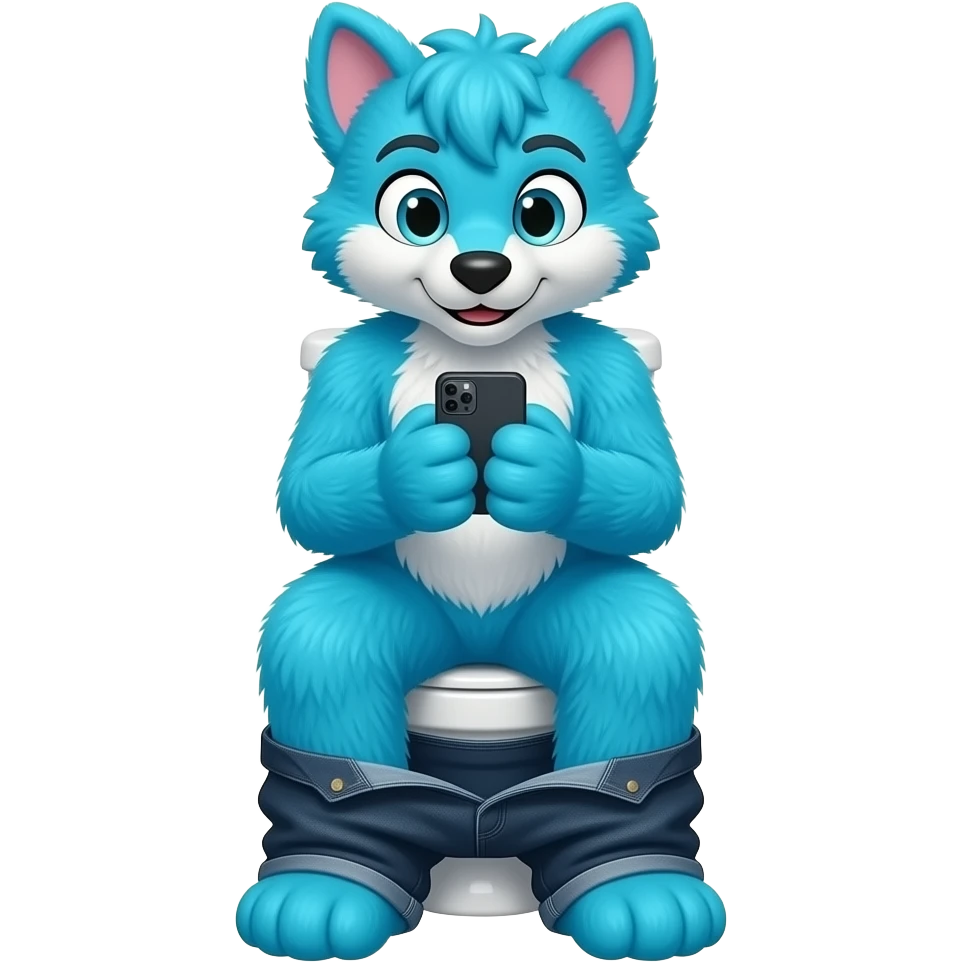 blue fursuit sitting on toilet, front view, pants down, looking down at phone emoji