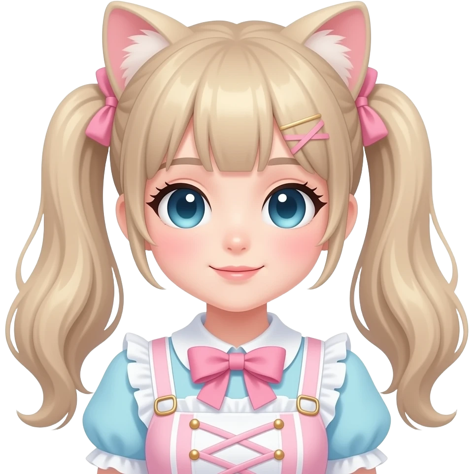 Japanese pale woman with shiny blushing cute kawaii pastel lolita anime catgirl pigtails trending style cottagecore pastelcore emoji