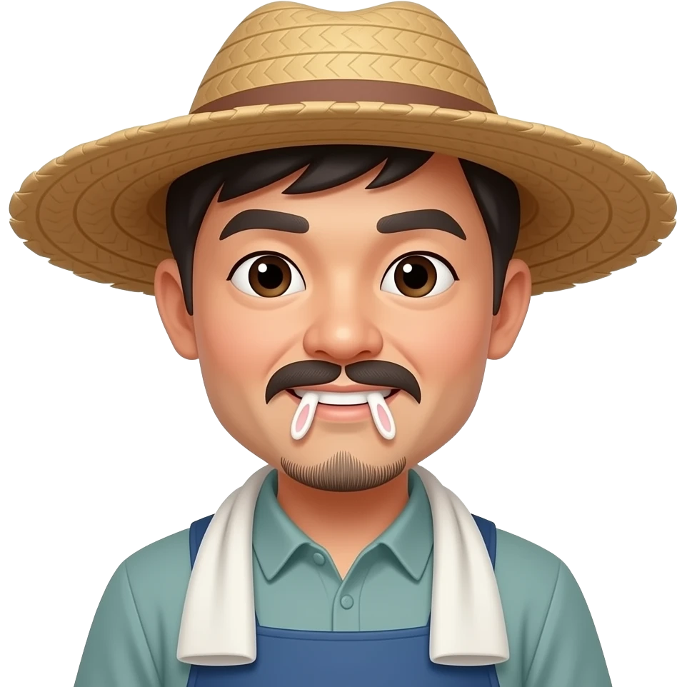 Chinese guy with rabbit teeth andwith Chinese eyes and Chinese mustaages and small beard pointing downwith smal eyes and mustagge with strawhat and two rabbit teeth at frontand farmer dress emoji