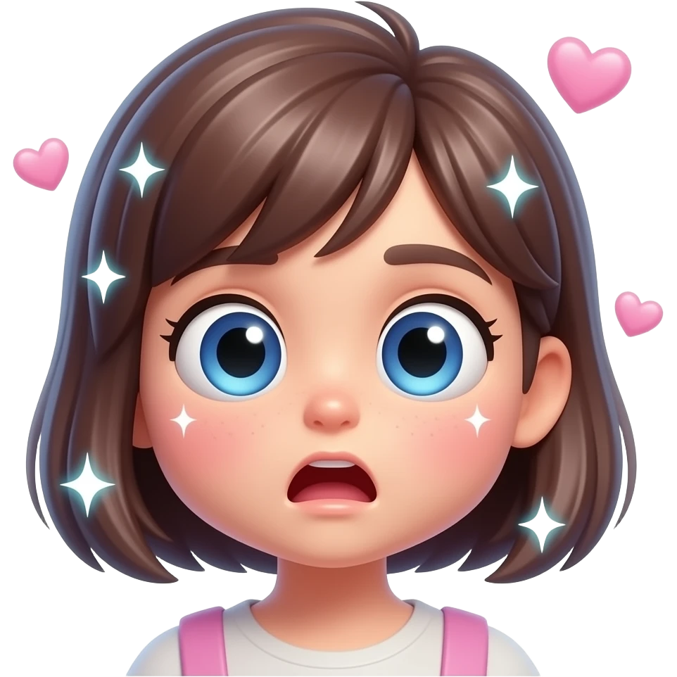 Cute shocked emoji with huge sparkling eyes, glowing holographic highlights, glossy 3D texture, floating sparkles and hearts, kawaii internet sticker style emoji