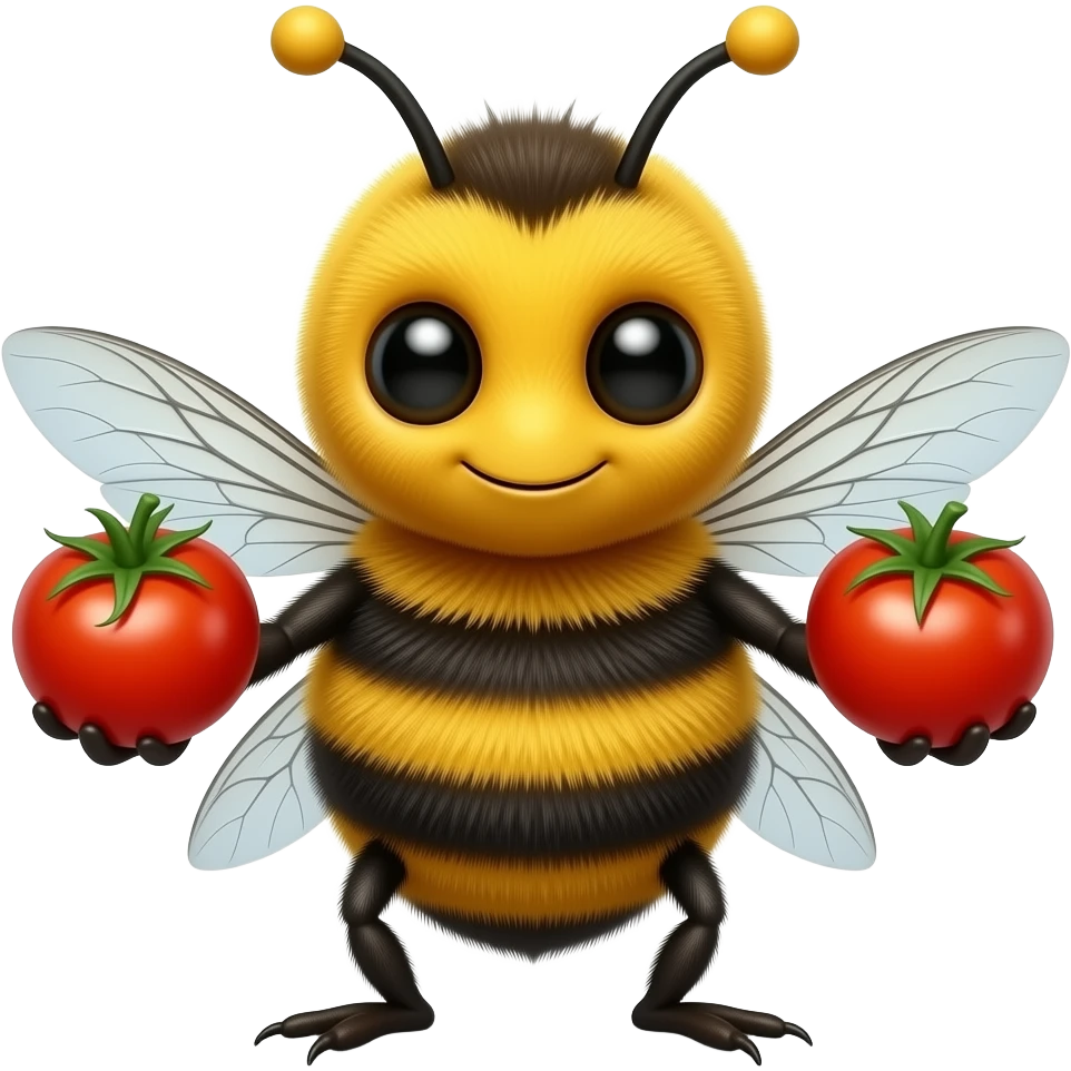 A cute bumblebee holding a cherry tomato in each hand emoji