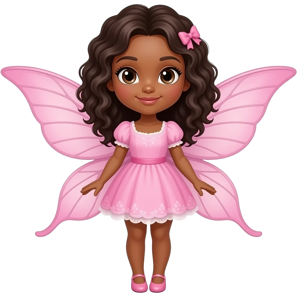 cute fairy with pink wings, make her girlie, brown skin & curly hair, cartoon, full body emoji