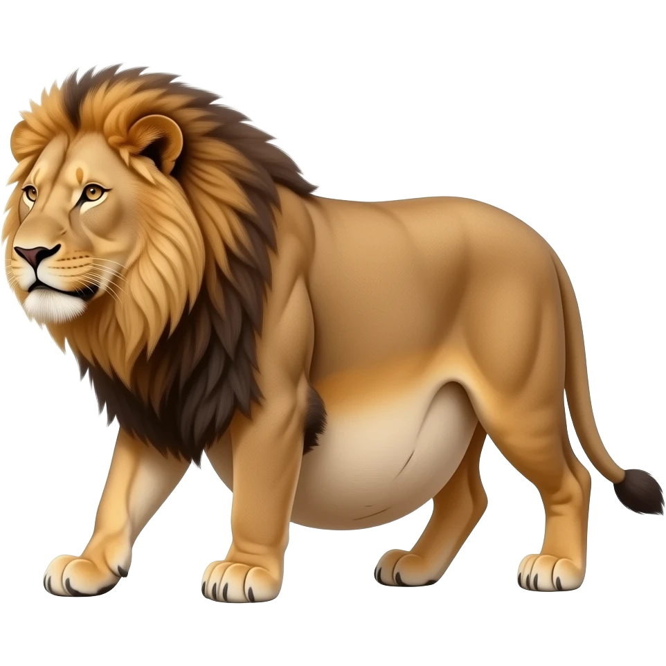 A reality lioness,trying to walk normally,but her huge overstuffed tummy rolls side to side,now her bellybutton is smooching the ground. emoji