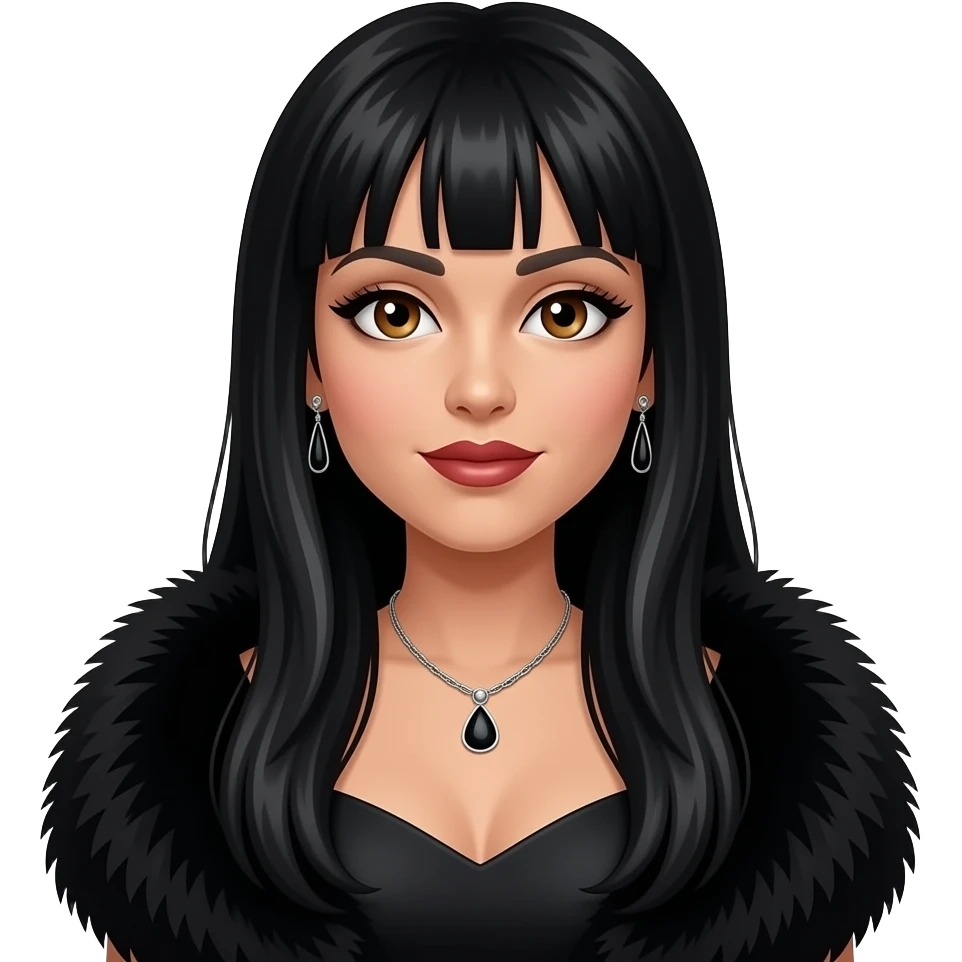 Cher, Pop Singer with hazel eyes, long black straight hair, black fur shawl, black dress, necklace and earrings emoji