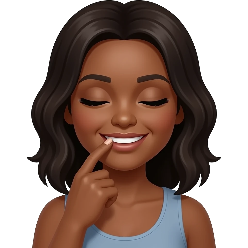 Woman with closed mouth smile on one side of mouth biting pointer finger nail dark brown skin emoji