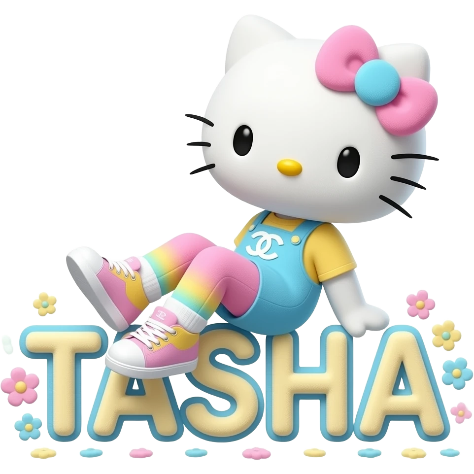 4D Velvety fur hello kitty wearing ombre white and blue and pink yellow ombre pastel colored leggings and sneakers, and with the Chanel symbol on her ombre pastel bow sitting sideways leaning back on top of the velvety 3D outlined letters TASHA surrounded with tiny ombre pastel flowers made of candy emoji