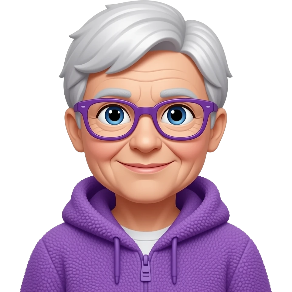 grandma with short white hair, purple glasses and purple fleece emoji