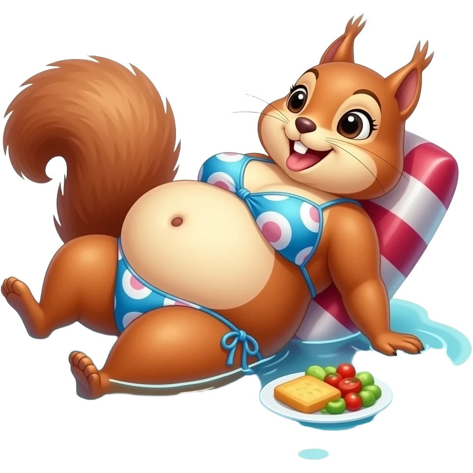 The female squirrel enjoys the beach holiday in her swimmers,but she is so full from a lunch break that she is about to burst,Then her fat Tummy rolls & drops out,she will just lay on her back in the shallow cool water,her gluttonous bellybutton promotes a good resort business. emoji