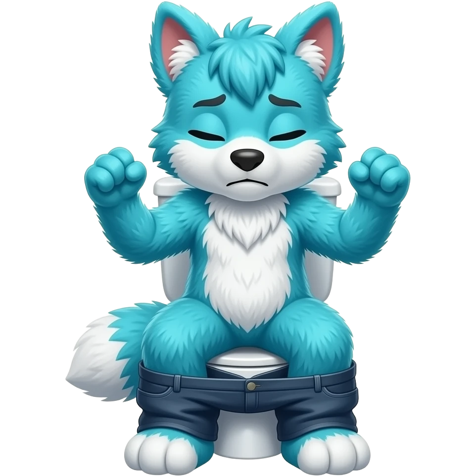 blue furry fursuit sitting on toilet, top view, pants down, straining face, eyes closed, pushing, squeezing,  both fists, straining emoji
