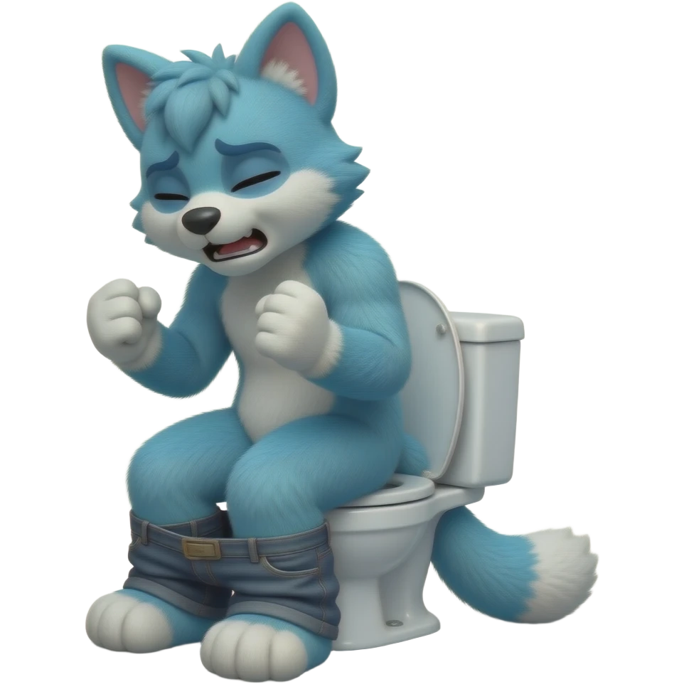 blue furry fursuit sitting on toilet, side view, pants down, straining face, eyes closed, pushing, squeezing, both fists, straining emoji