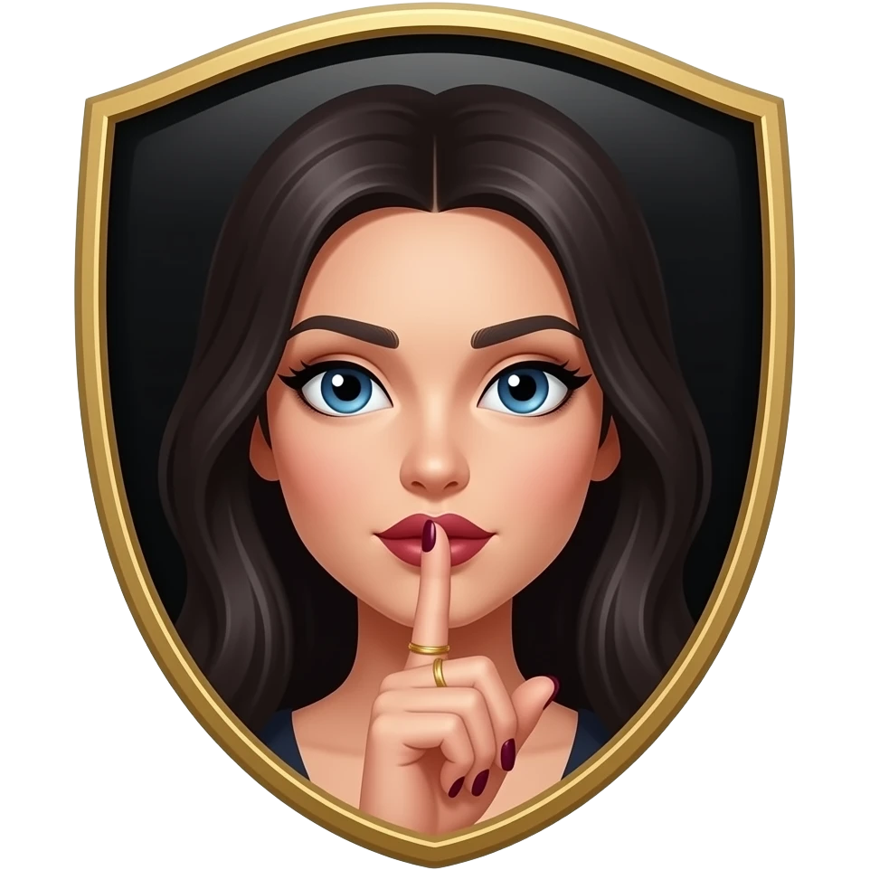Luxury 3D emblem, beautiful female face framed by long dark hair, featuring prominent, clear blue eyes. An index finger is pressed vertically to the center of the lips in a shh gesture. Dark burgundy nails, gold rings, black background. emoji