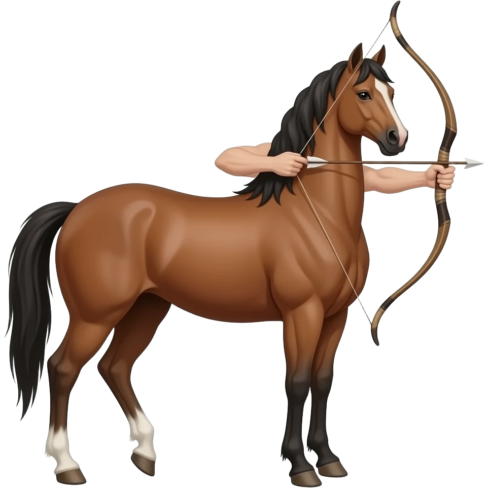 یک اسب که از کمر به بالا تنه انسان است و یک تیر کمان در دست دارد و لباس تنش نیست سزش هم انسان باشد emoji