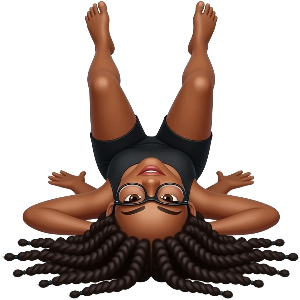 Black woman with locs and glasses laying down with legs open and in the air emoji