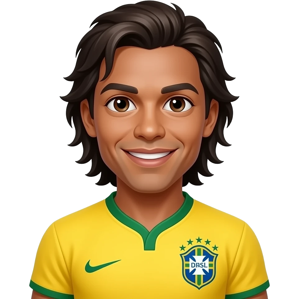 Ronaldinho emoji, SAME Brazil jersey, chest-up, centered, same hair and face, hide 1 tiny ❤️ under shoulder shadow, glossy 3D puzzle style, no text. emoji