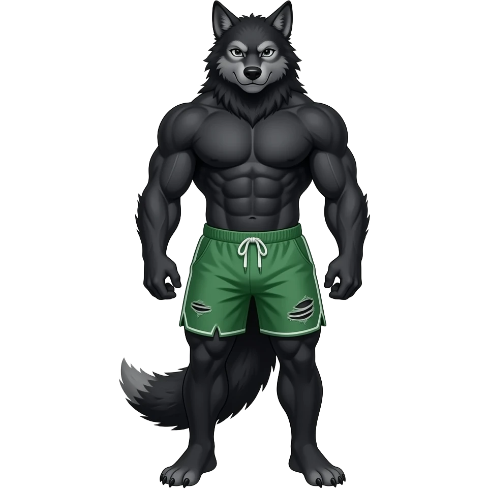 muscular young tailless werewolf with black fur wearing ripped green athletic shorts full body emoji emoji