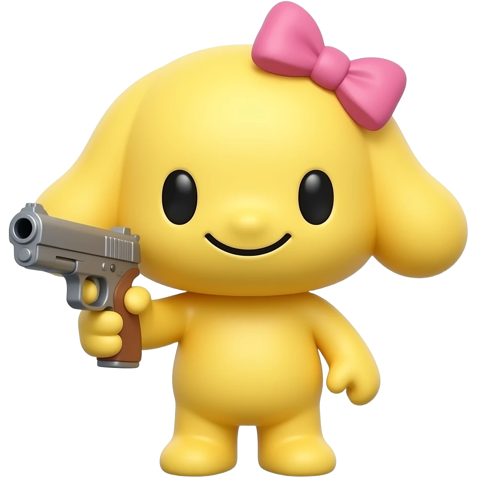 A yellow figur round head weird smile pink bow on head  and gun in hand emoji