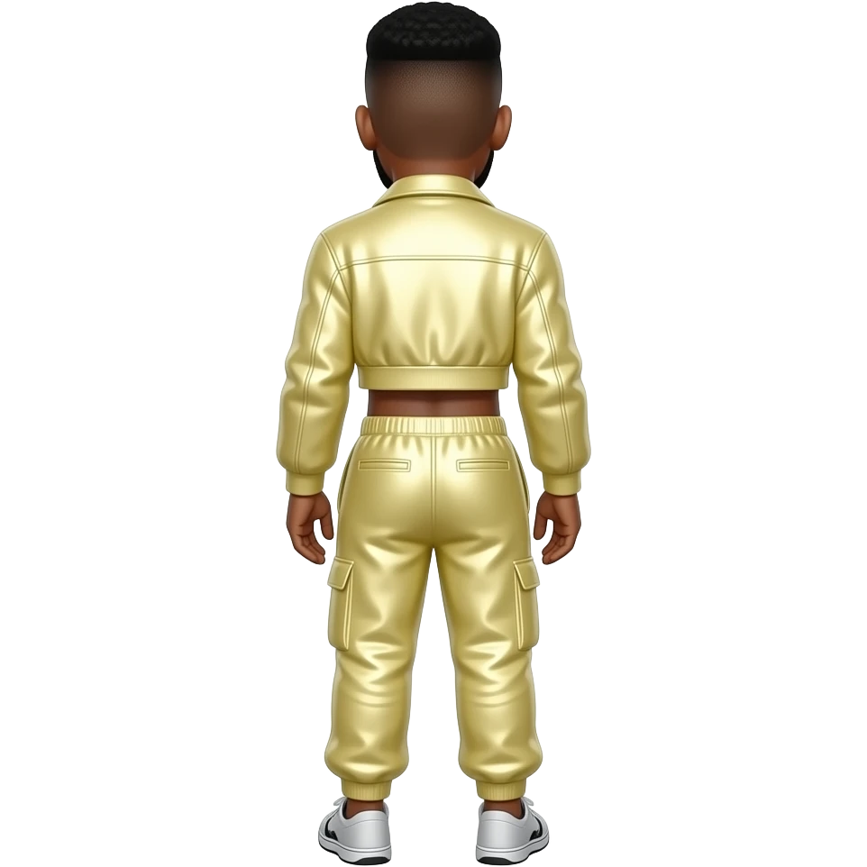 Usher from behind with black buzz cut hair, light yellow metallic jacket crop top, light yellow metallic baggy joggers emoji